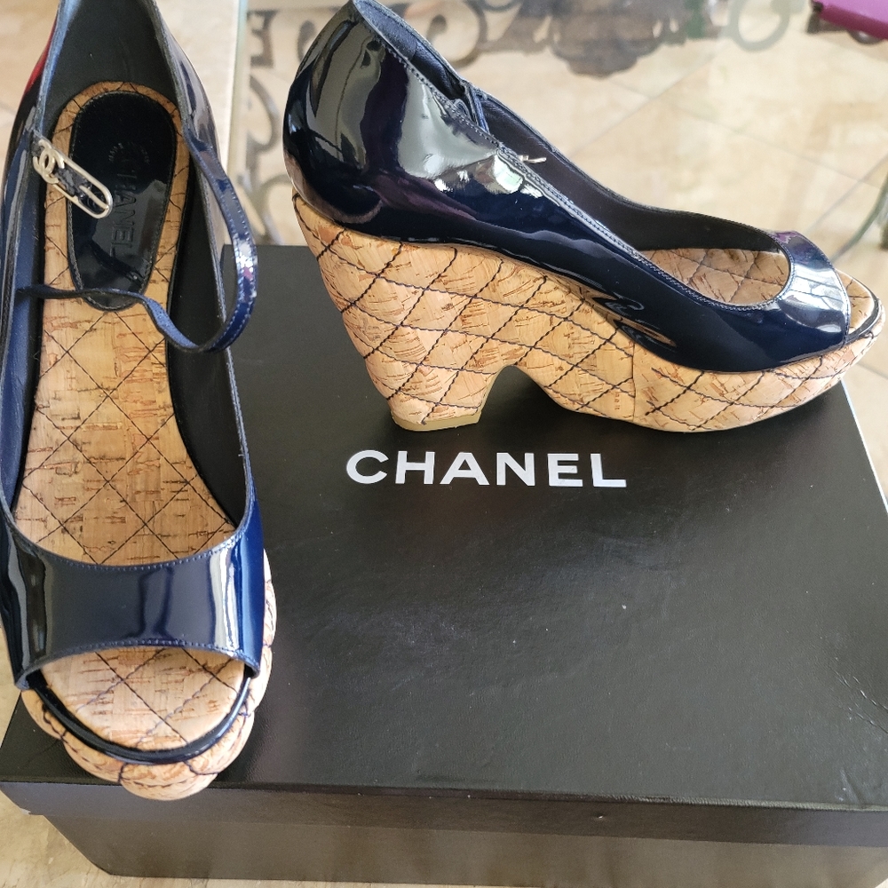 Chanel patent leather cork platform shoes 100% authentic
